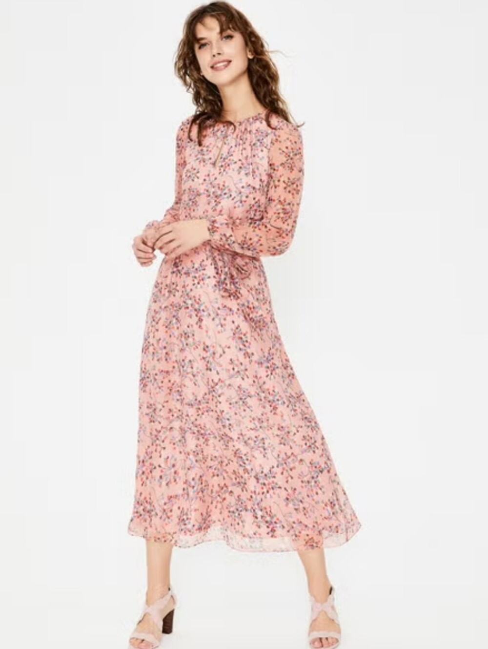Boden Pink Floral Silk Midi Dress with Long Sheer Sleeves Size 6
